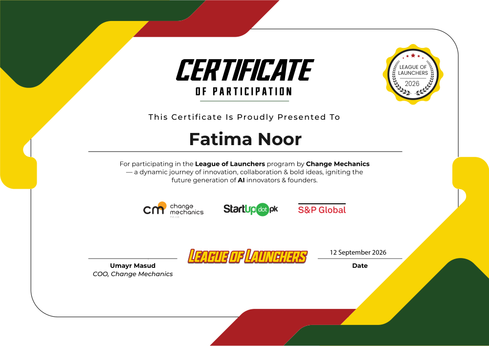 Certificate awarded to Fatima Noor