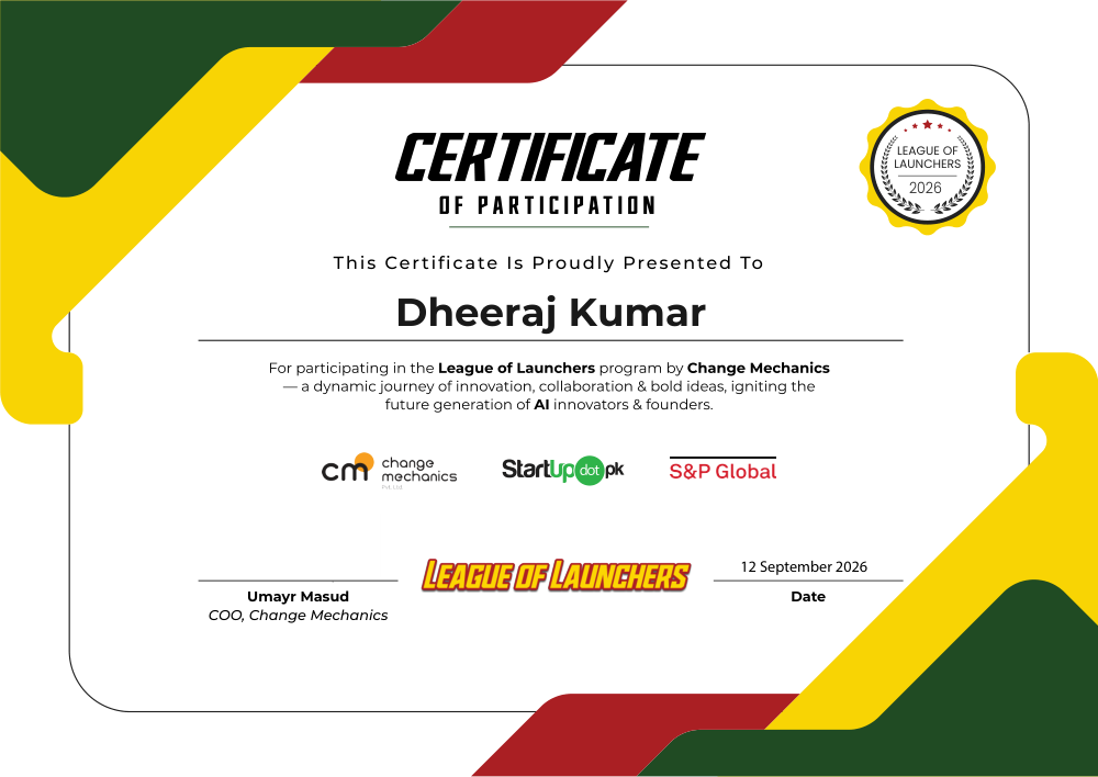 Certificate awarded to Dheeraj kumar